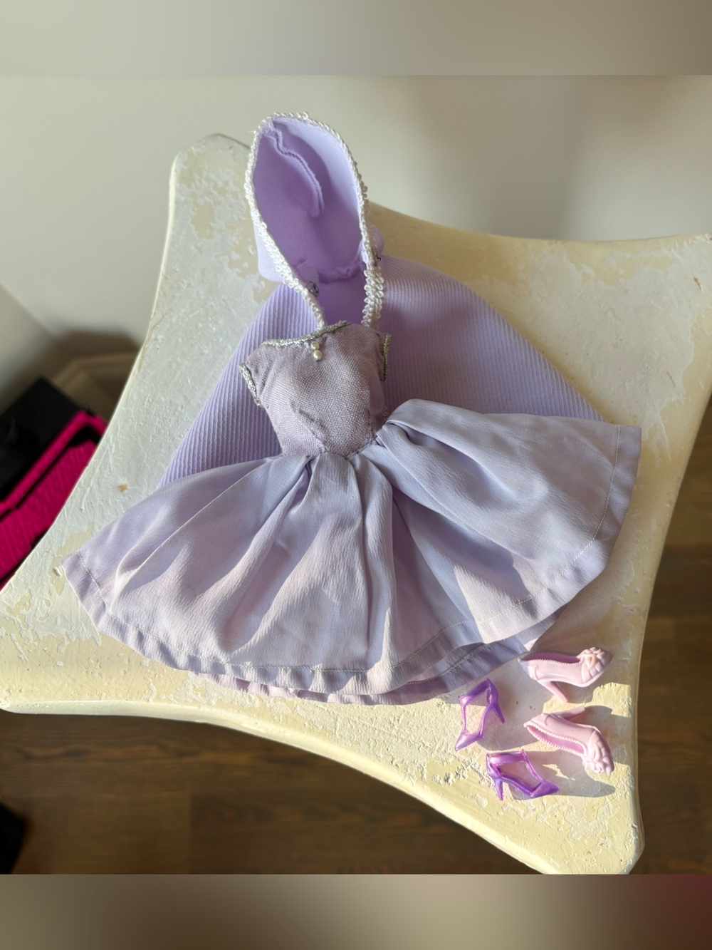 Vintage handmade lilac Purple Barbie Doll Dress, cloak/coat with Shoes
